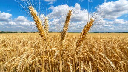 Naklejka premium Focused shot of wheat stalks with dreamy blurred background of a vast wheat field, golden hour light