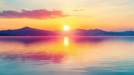 Fototapeta premium Sunset Landscape Illustration: Serene Lake and Mountains