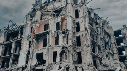 destroyed and burned houses in the city in Ukraine