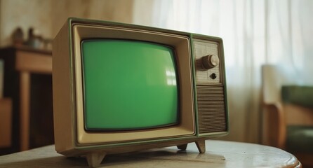 Retro Television with Green Screen on Table in Living Room
