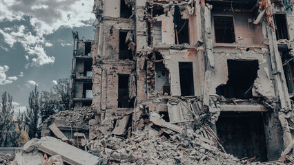 destroyed and burned houses in the city in Ukraine