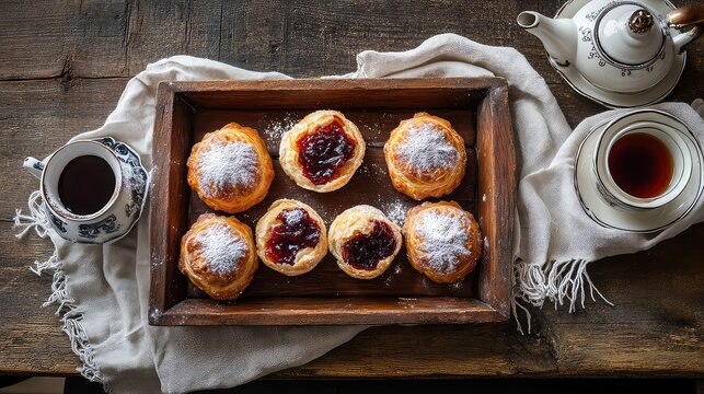 Traditional Czech Kol&aacute;če Pastries Arranged on a Rustic Wooden Tray, Czech Kol&aacute;če, Sweet, Czech Cuisine