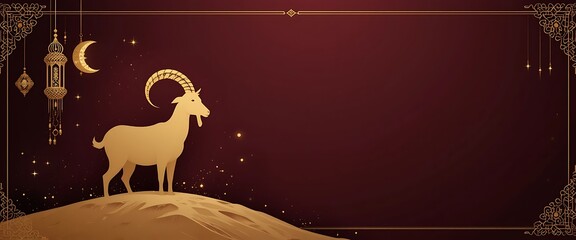 Golden Goat on Hill with Moon and Lanterns Illustration. Ied Al Adha background