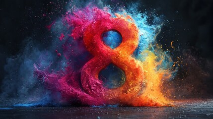 Fototapeta premium Vibrant number eight, formed with exploding colors. Surrounded by dynamic colorful powder bursts