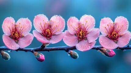 A branch of a tree with vibrant pink flowers blooming in a soft focus pastel background during spring season