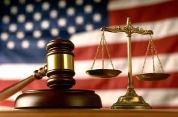 Gavel and Scales of Justice with American Flag