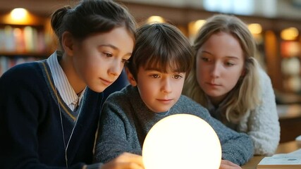 Students engage with an Earth model during a library-based classroom session.