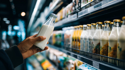 A hand selects a glass bottle of milk from a refrigerated shelf in a bright supermarket aisle.