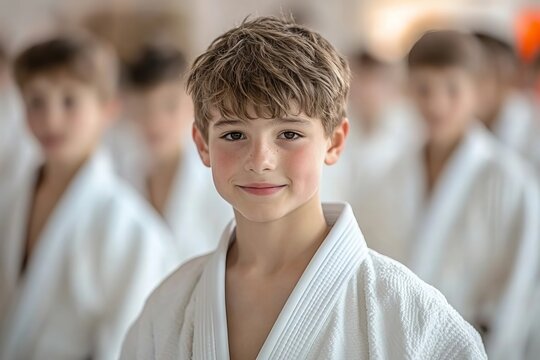 Young boys practicing Judo and Jiu-Jitsu in white kimonos at an indoor sports club for kids. Emphasizing the importance of martial arts, combat sports, and sports education in childhood hobbies.