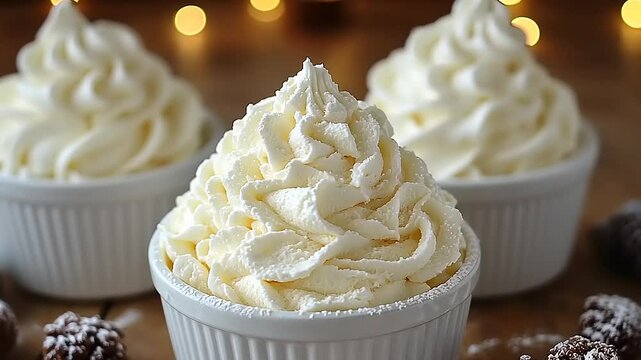 Whipped cream in small white ramekins