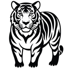 tiger head silhouette  vector illustration, Wild animal tiger silhouette EPS vector isolated illustration template on a white background, Black and white silhouette of a tiger walking with its tail.