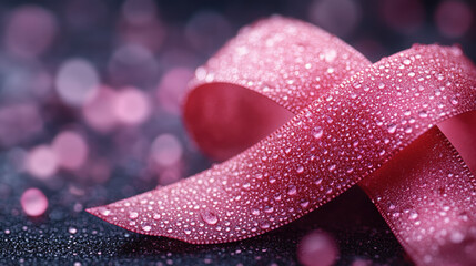 Dew-kissed pink ribbon, symbol of hope and awareness, rests on a dark, shimmering background