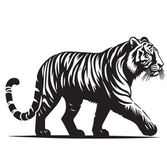 Obraz premium tiger head silhouette vector illustration, Wild animal tiger silhouette EPS vector isolated illustration template on a white background, Black and white silhouette of a tiger walking with its tail.