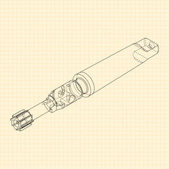 Mechanical engineering drawings. Tap tools, borer. Technical Design. Cover. Blueprint. Step Cutting Tool with Countersinking Function. Technical 3D Vector Illustration