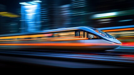 Fototapeta premium Sleek monorail glides through a futuristic cityscape, embodying advanced urban mobility and innovation.