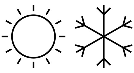 Hot and cold icons, simple sun and snowflake symbols representing opposing temperatures. Minimalist black line design of weather, climate and seasonal changes.