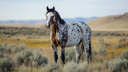 Appaloosa horse with spotted coat standing in wild field