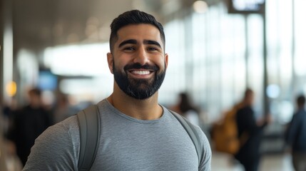 Fototapeta premium Smiling man in airport, upper body shot, looking forward with a confident expression