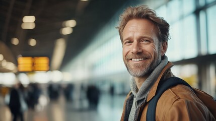 Fototapeta premium Smiling man in airport, upper body shot, looking forward with a confident expression