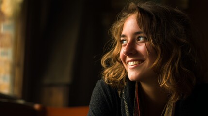 Fototapeta premium Smiling girl in cozy environment, focused expression, upper body shot
