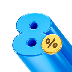 Blue shiny 8% isolated on white background. 3D render