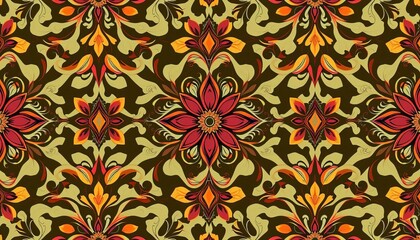 Fototapeta premium Seamless Art Deco floral arabesque pattern, intricate vector background, decorative, leaves