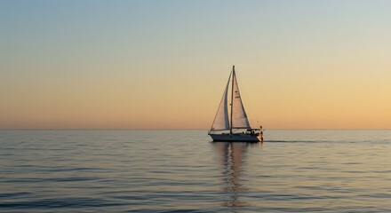 Fototapeta premium Serene Sunset Sailboat Voyage: A Peaceful Evening on the Calm Ocean Waters