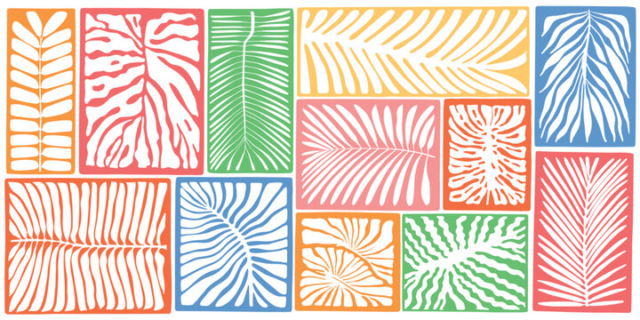 Hand drawn palm leaves doodle seamless pattern set. Colorful hawaiian print, summer vacation background collection in vintage art style. Tropical plant painting illustration bundle.