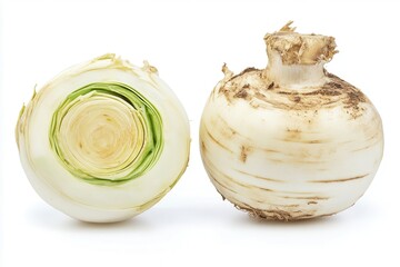 Freshly harvested turnip and cut cabbage showcasing vibrant layers and textures