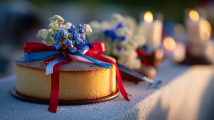 Traditional Slovenian potica cake with festive ribbons, glowing candlelight, alpine wildflowers; celebrating national pride and heritage.
