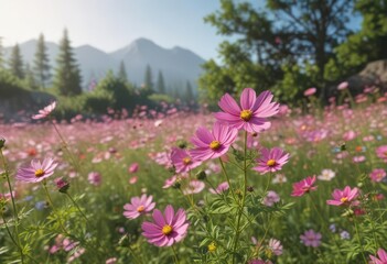 Obraz premium Pink cosmos flowers blooming in vibrant garden , floral, wildflower