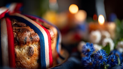 Traditional Slovenian potica cake with festive ribbons, glowing candlelight, alpine wildflowers; celebrating national pride and heritage.
