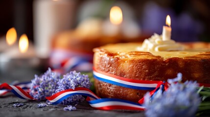 Traditional Slovenian potica cake with festive ribbons, glowing candlelight, alpine wildflowers; celebrating national pride and heritage.
