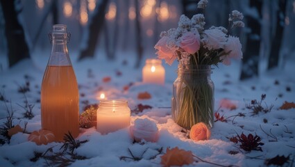 Winter wonderland picnic scene with candles flowers and juice in snowy forest scene