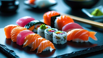 Delicious sushi platter with salmon tuna and maki rolls japanese cuisine food art