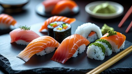 Delicious sushi platter with salmon nigiri, maki rolls and wasabi on dark stone plate