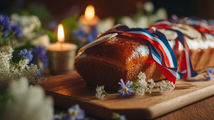Traditional Slovenian potica cake with festive ribbons, glowing candlelight, alpine wildflowers; celebrating national pride and heritage.
