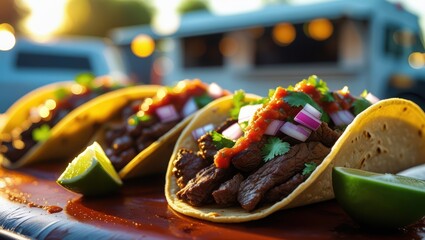Delicious street tacos with beef and lime served from a food truck, close up view