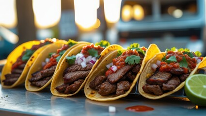 Delicious street tacos with beef, salsa, onion, and cilantro on a metal surface