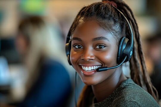 Smiling African Woman Working as a Call Center Agent, Providing Consultation Remotely Through VOIP Headset for Customer Service and Tech Support CRM