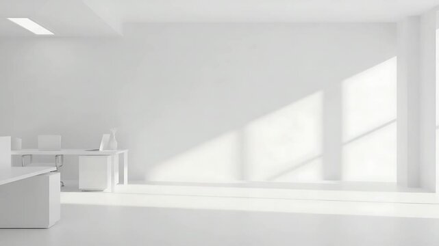 Bright, minimalist office interior with sunlight casting shadows on white walls and furniture
