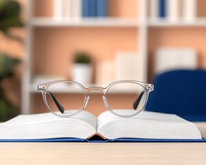 Open book with glasses resting on pages in a home library setting