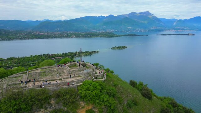 Aerial view of the Rocca di Manerba fortress on Lake Garda in Brescia, Lombardy, Italy