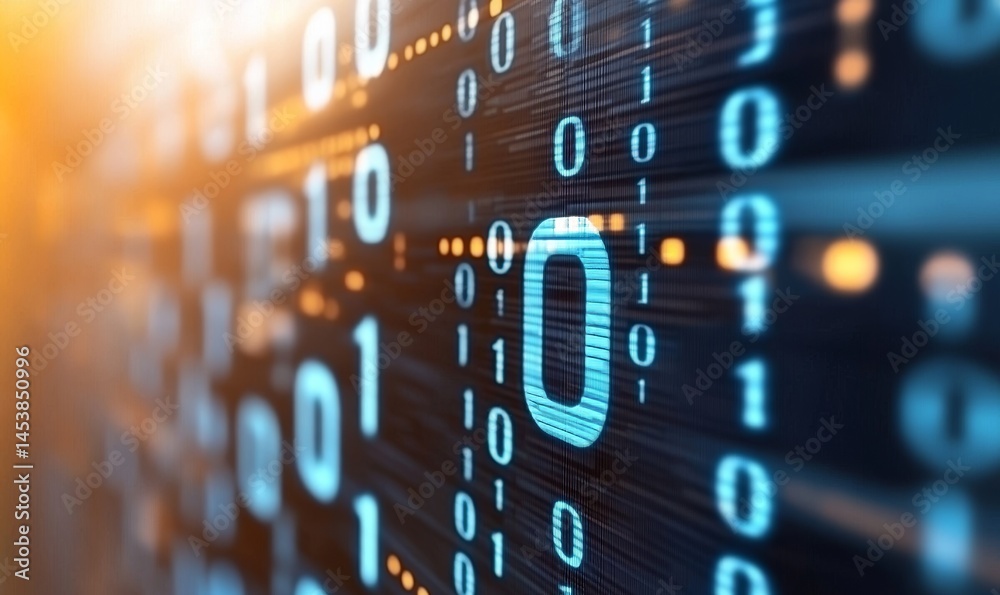 Poster cinematic futuristic background of binary code and numbers in blue tones