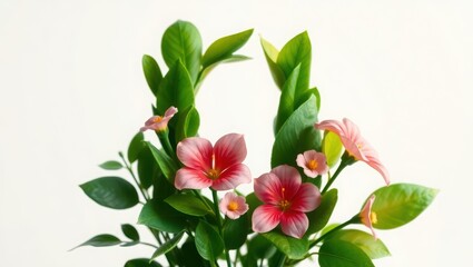 Beautiful pink flower arrangement with green leaves isolated on white background