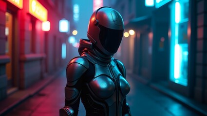 Futuristic cyberpunk woman in armor standing on a neon lit street at night time