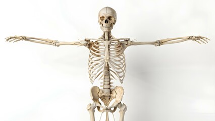Photorealistic image of a full human skeleton front view on dark background, educational illustration for medical, anatomical, and scientific purposes