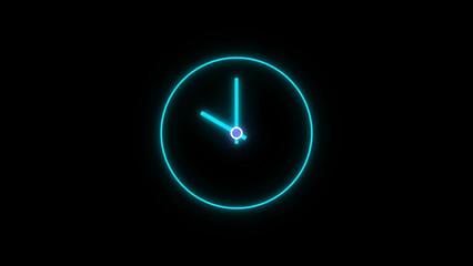 A glowing neon-style analog clock illustration in  set against a solid black background. 