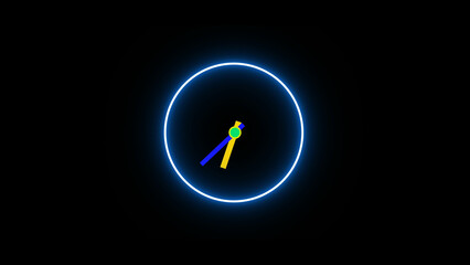 A glowing neon-style analog clock illustration in  set against a solid black background. 