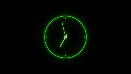 A glowing neon-style analog clock illustration in  set against a solid black background. 